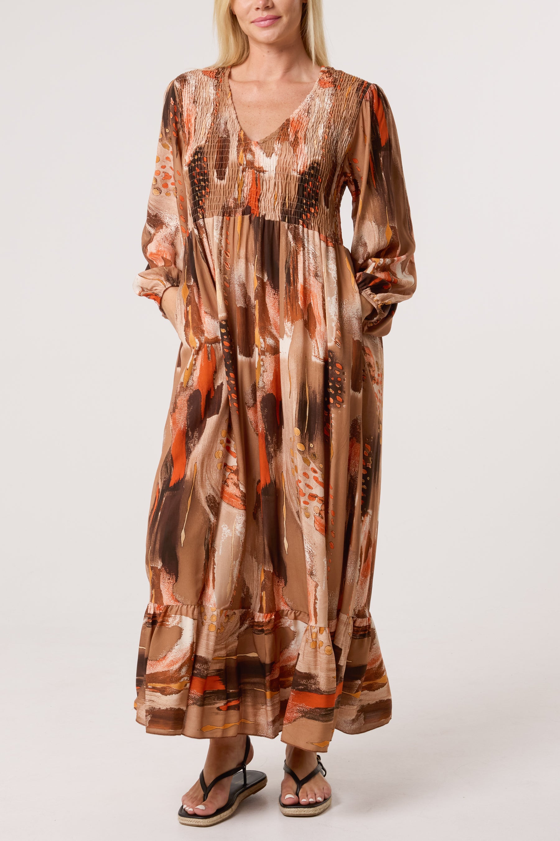 Multi Print Shirred Bust Midi Dress