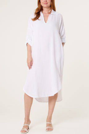 Cheesecloth V-Collar Roll Sleeve Dress