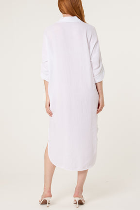 Cheesecloth V-Collar Roll Sleeve Dress