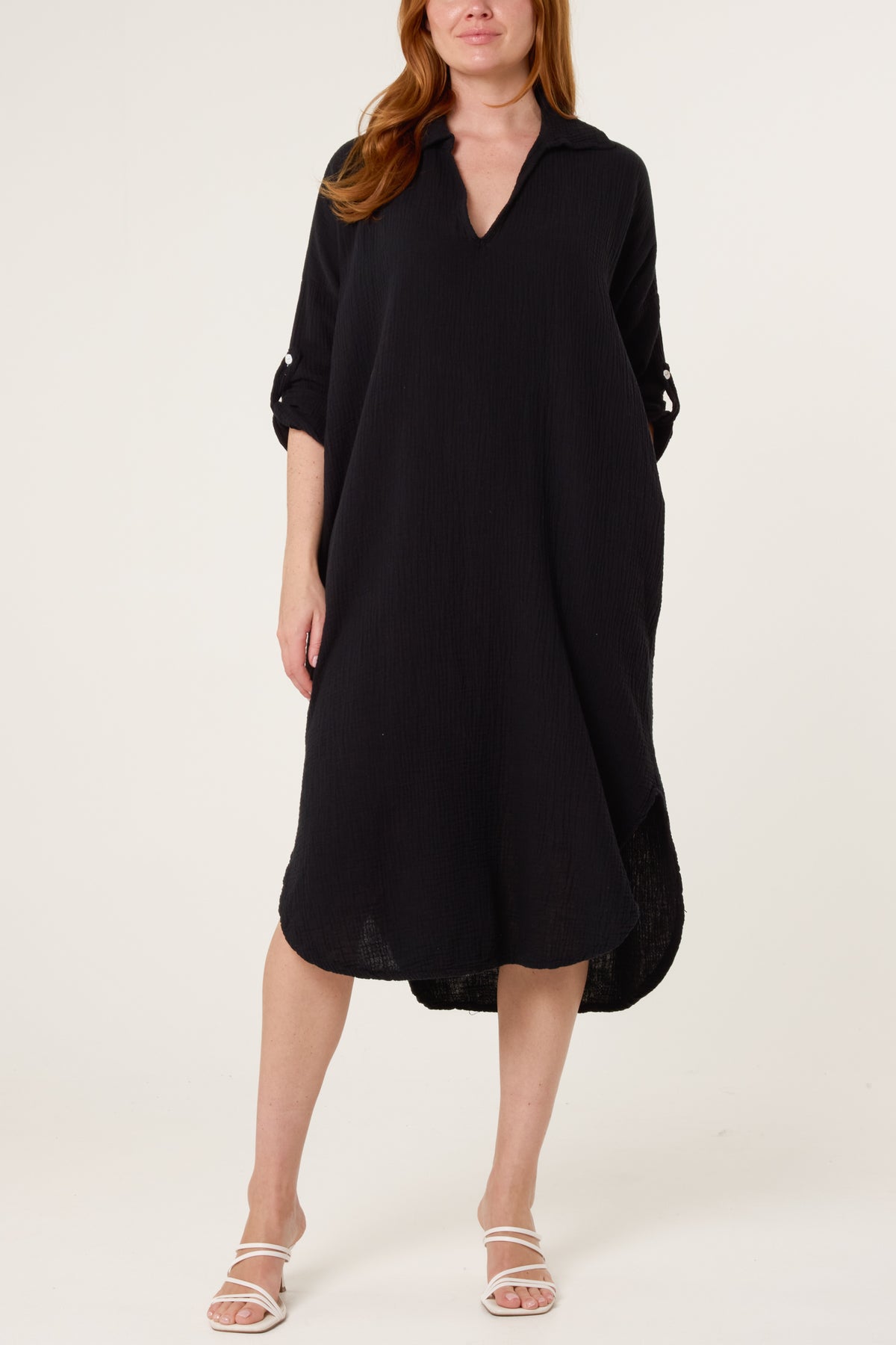 Cheesecloth V-Collar Roll Sleeve Dress