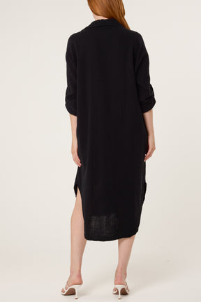 Cheesecloth V-Collar Roll Sleeve Dress