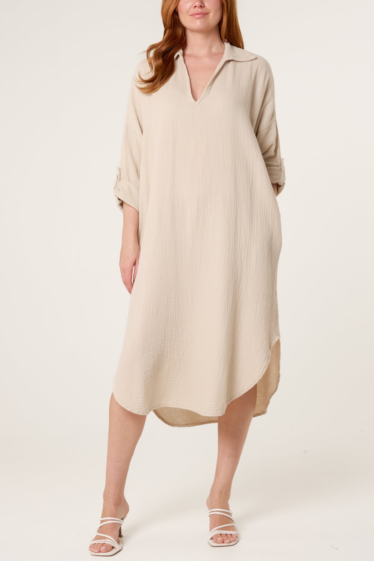 Cheesecloth V-Collar Roll Sleeve Dress