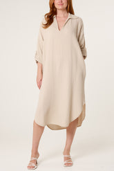 Cheesecloth V-Collar Roll Sleeve Dress