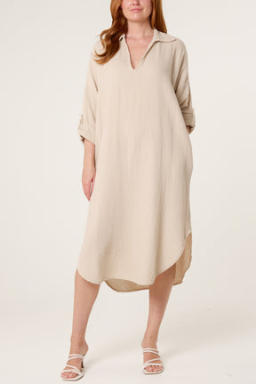 Cheesecloth V-Collar Roll Sleeve Dress