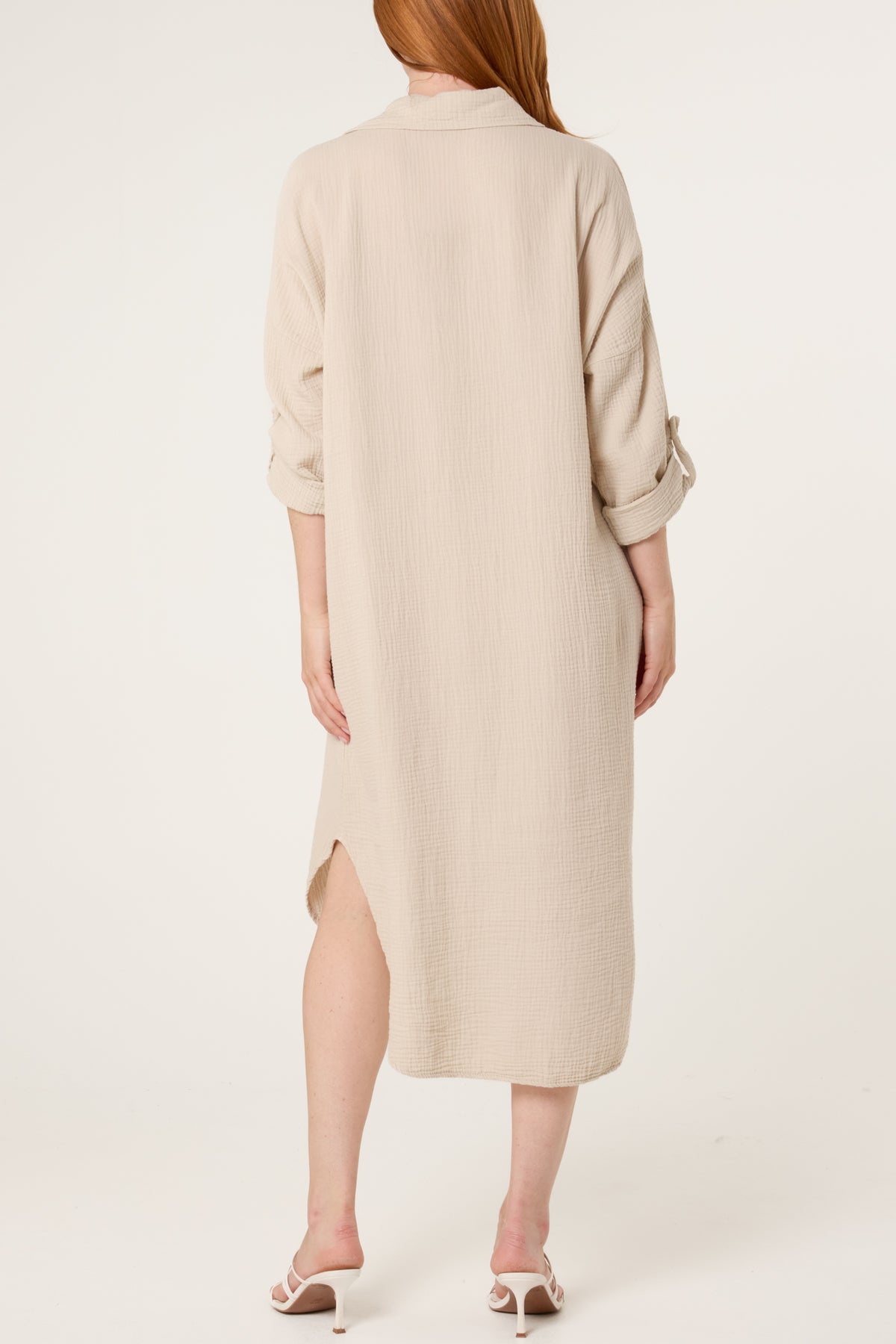 Cheesecloth V-Collar Roll Sleeve Dress