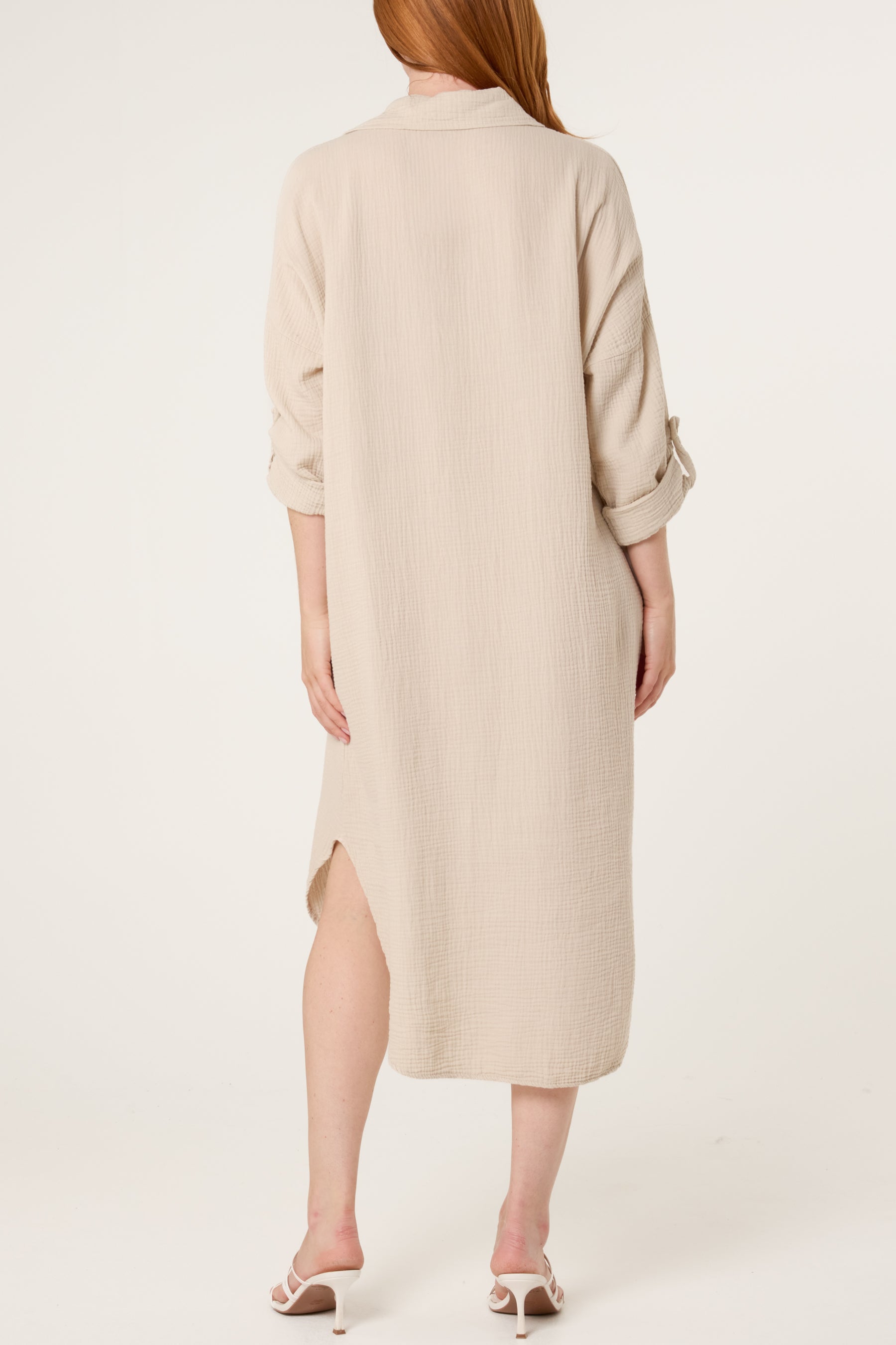 Cheesecloth V-Collar Roll Sleeve Dress