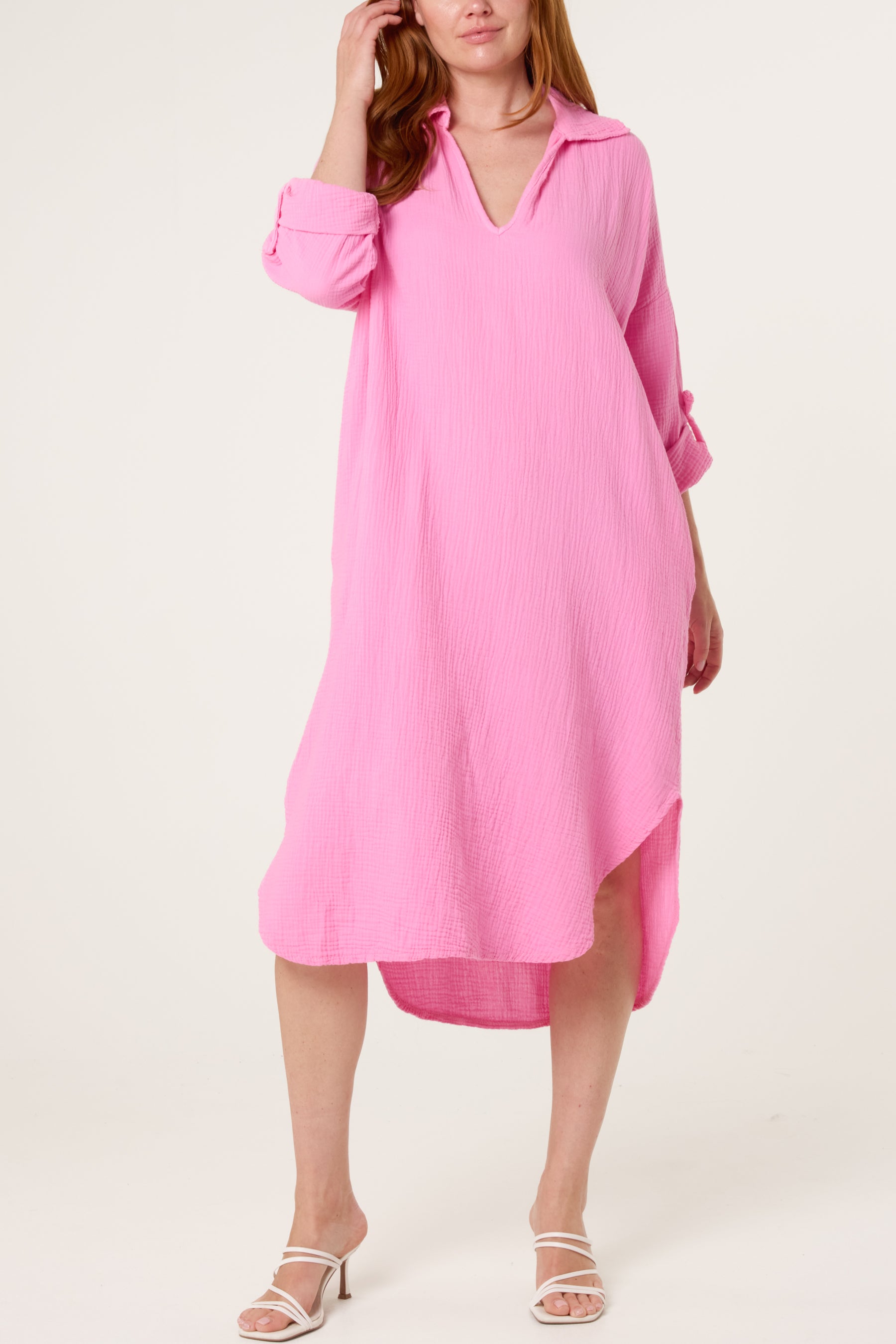 Cheesecloth V-Collar Roll Sleeve Dress