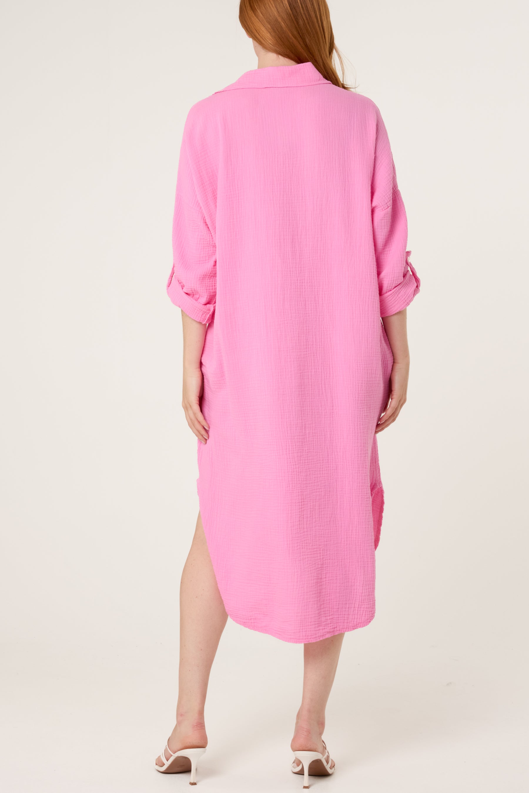 Cheesecloth V-Collar Roll Sleeve Dress