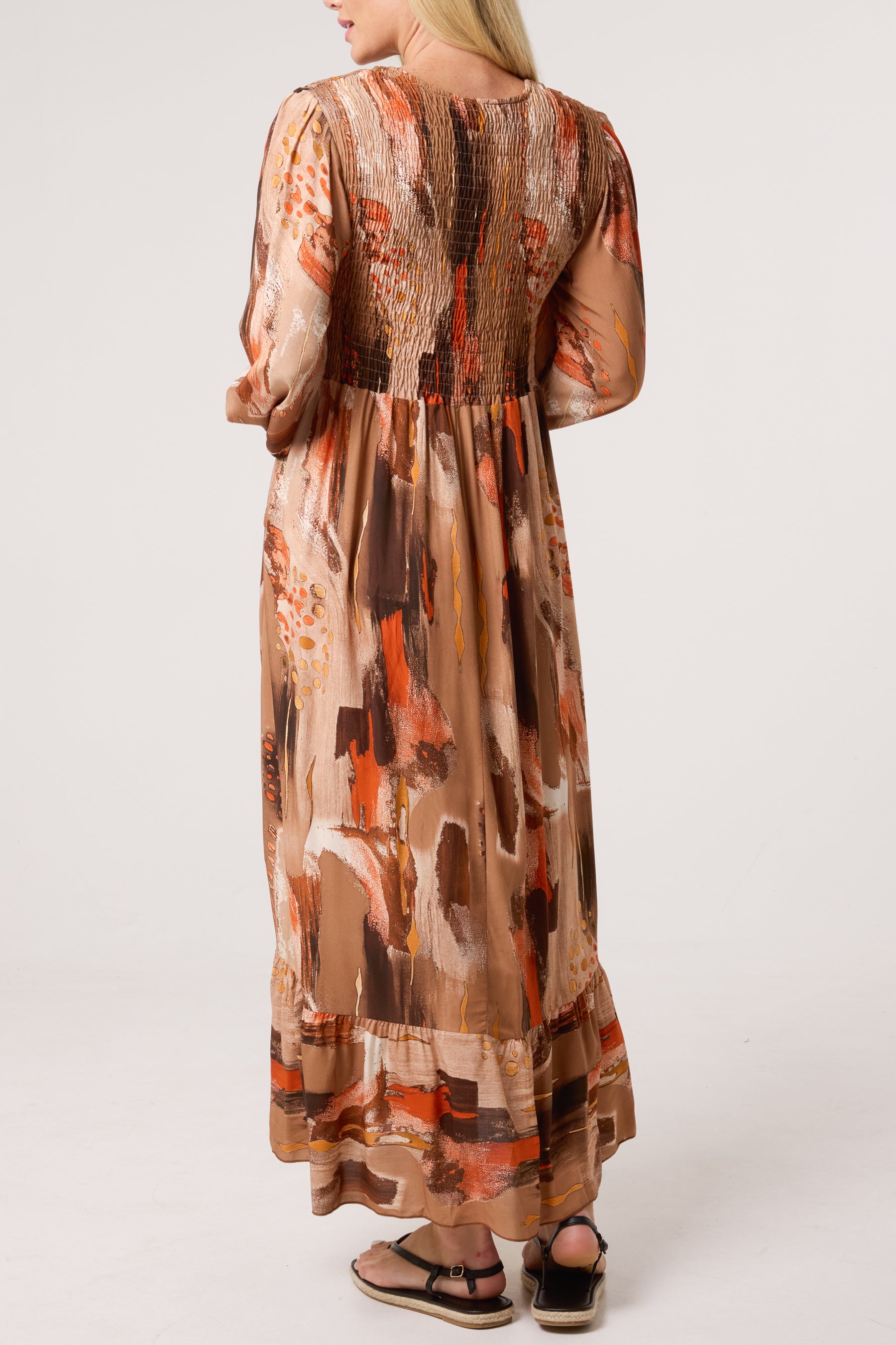 Multi Print Shirred Bust Midi Dress