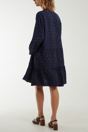 Long Sleeve Tiered Leopard Print Dress
