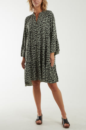 Long Sleeve Tiered Leopard Print Dress