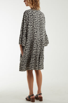 Long Sleeve Tiered Leopard Print Dress