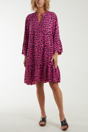 Long Sleeve Tiered Leopard Print Dress