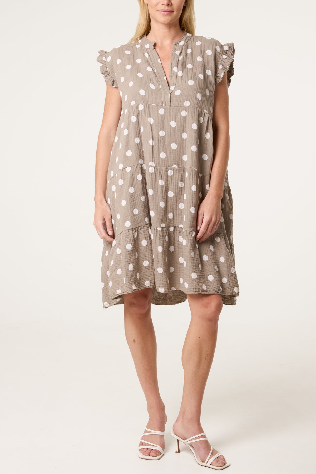 Polka Dot Frill Sleeve Tiered Mini Dress