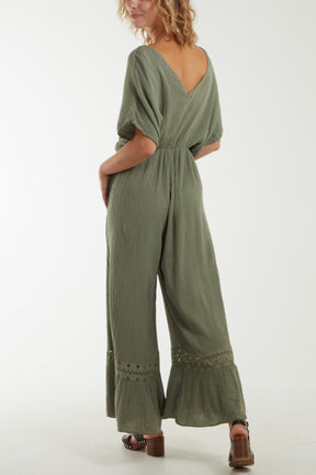 V-Neck Cheesecloth Jumpsuit Broderie Detail