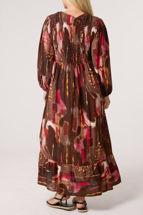 Multi Print Shirred Bust Midi Dress