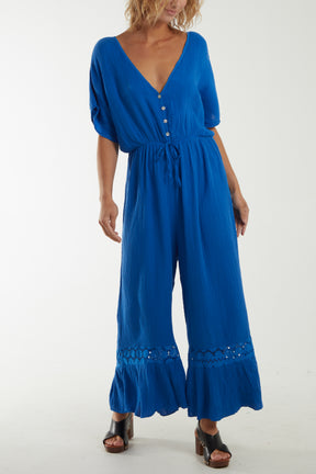 V-Neck Cheesecloth Jumpsuit Broderie Detail