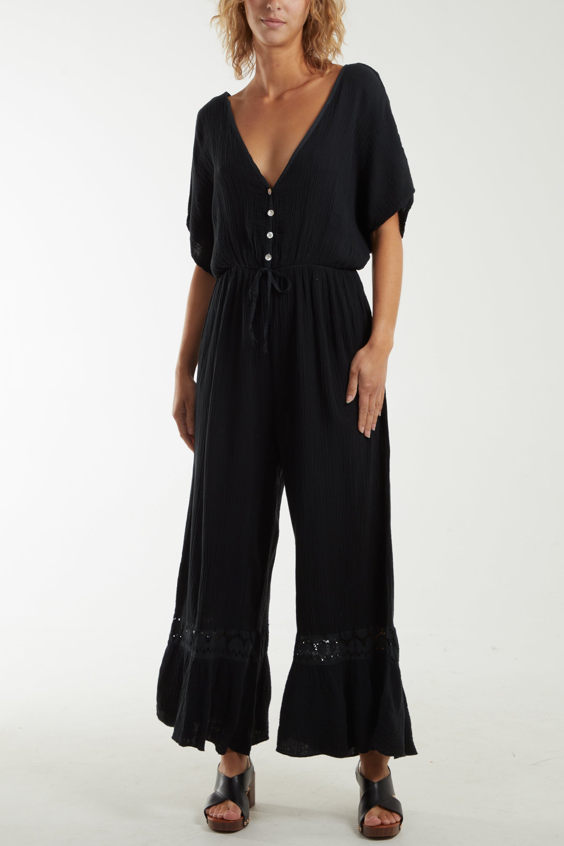 V-Neck Cheesecloth Jumpsuit Broderie Detail