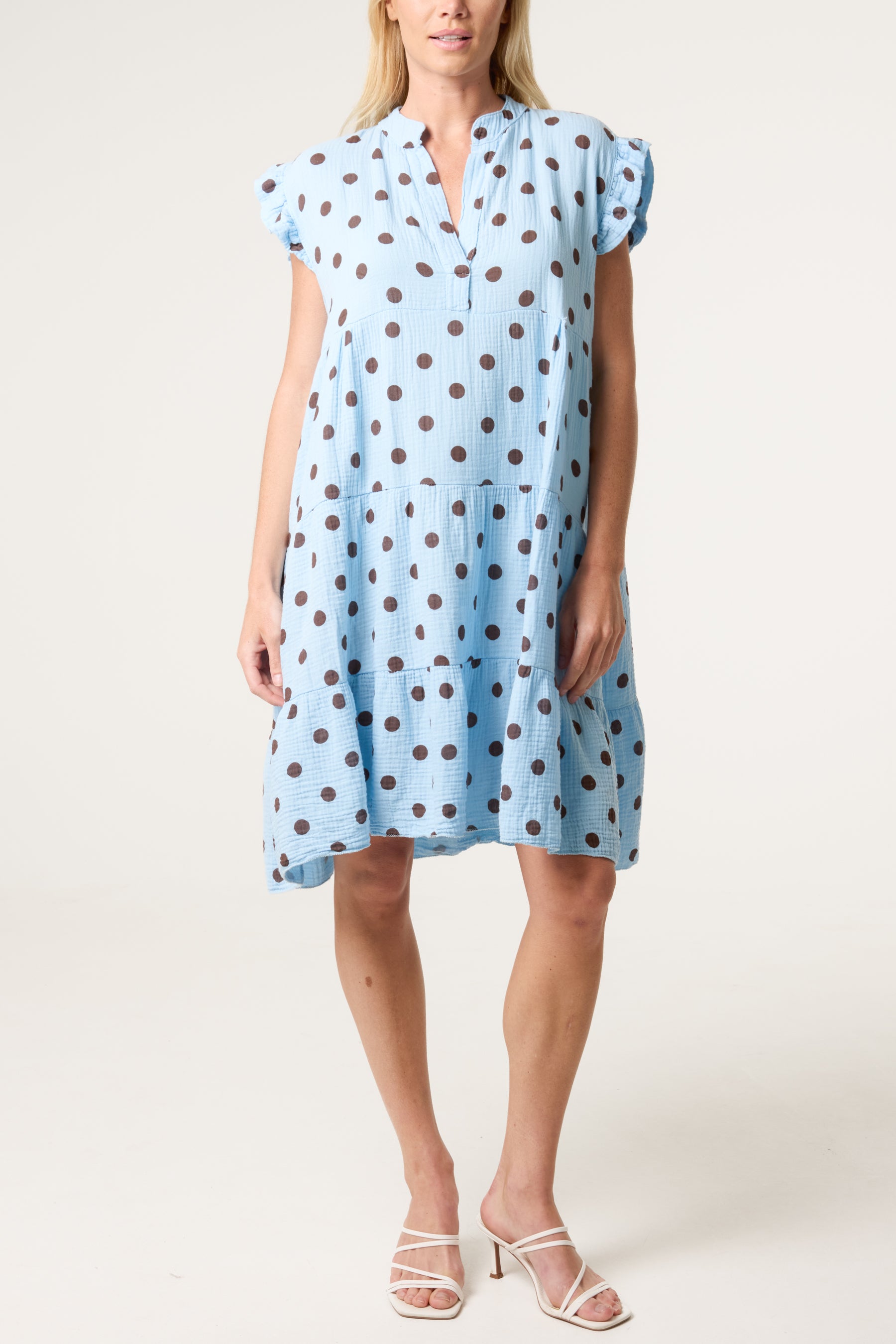 Polka Dot Frill Sleeve Tiered Mini Dress