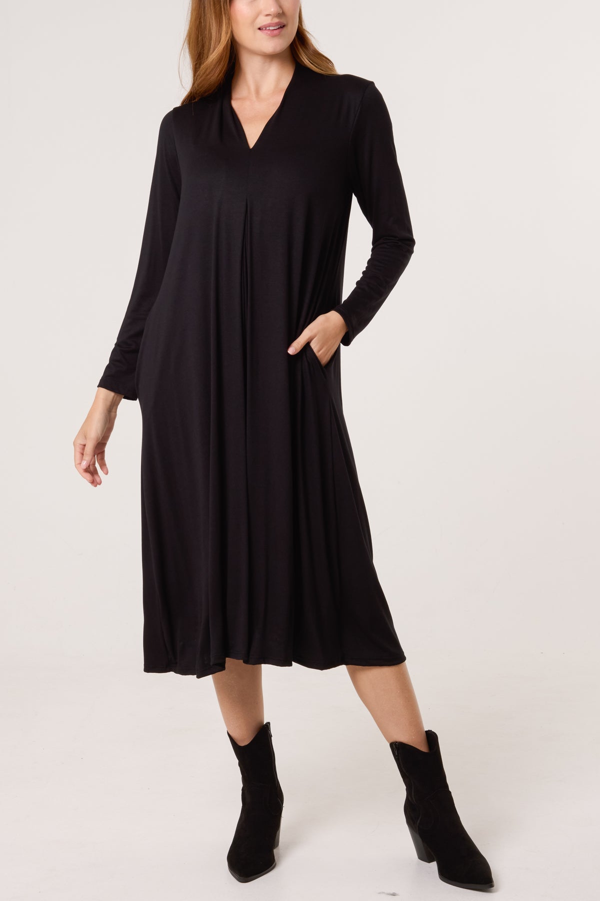 Jersey V-Neck Long Sleeve Midi Dress