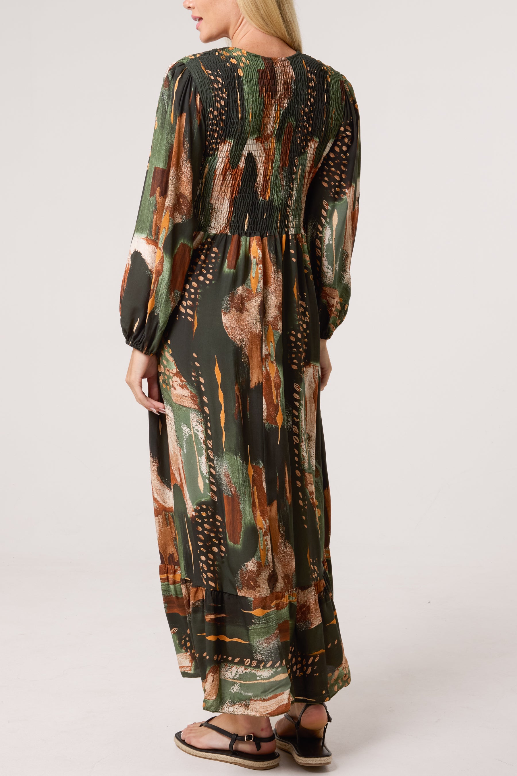 Multi Print Shirred Bust Midi Dress