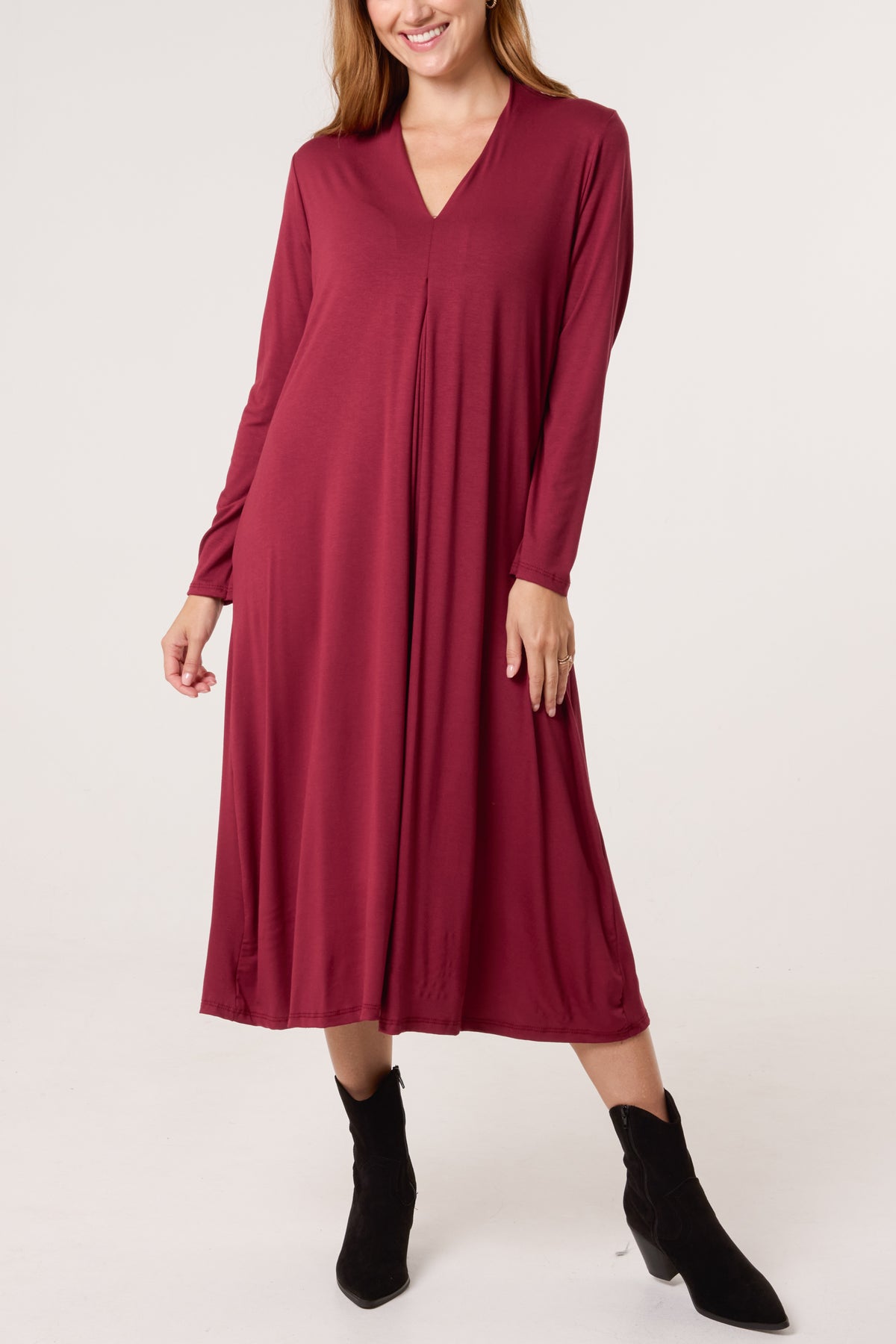 Jersey V-Neck Long Sleeve Midi Dress
