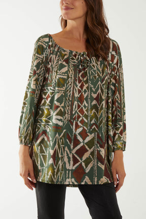 Tribal Print Bardot Tie Blouse