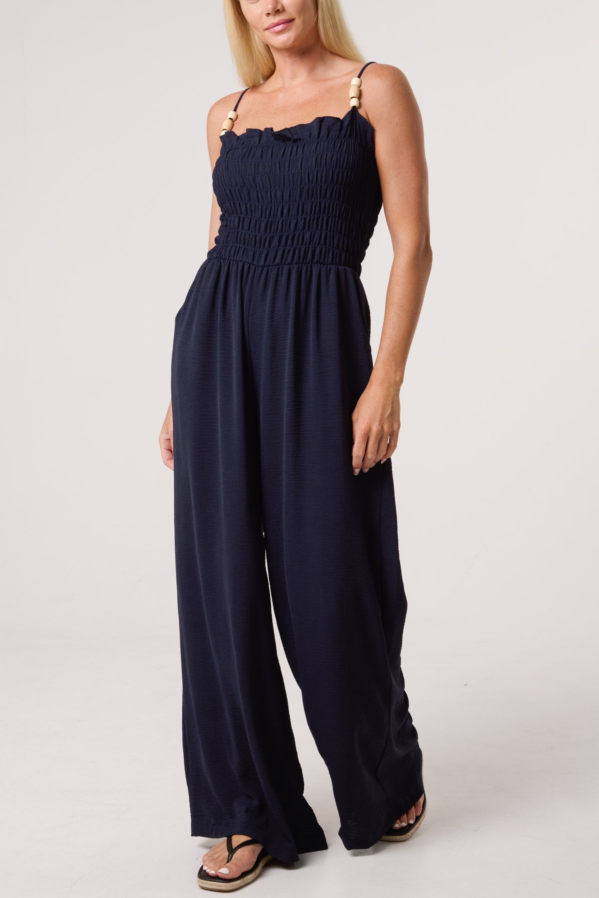 Shirred Bodice Beaded Strap Jumpsuit