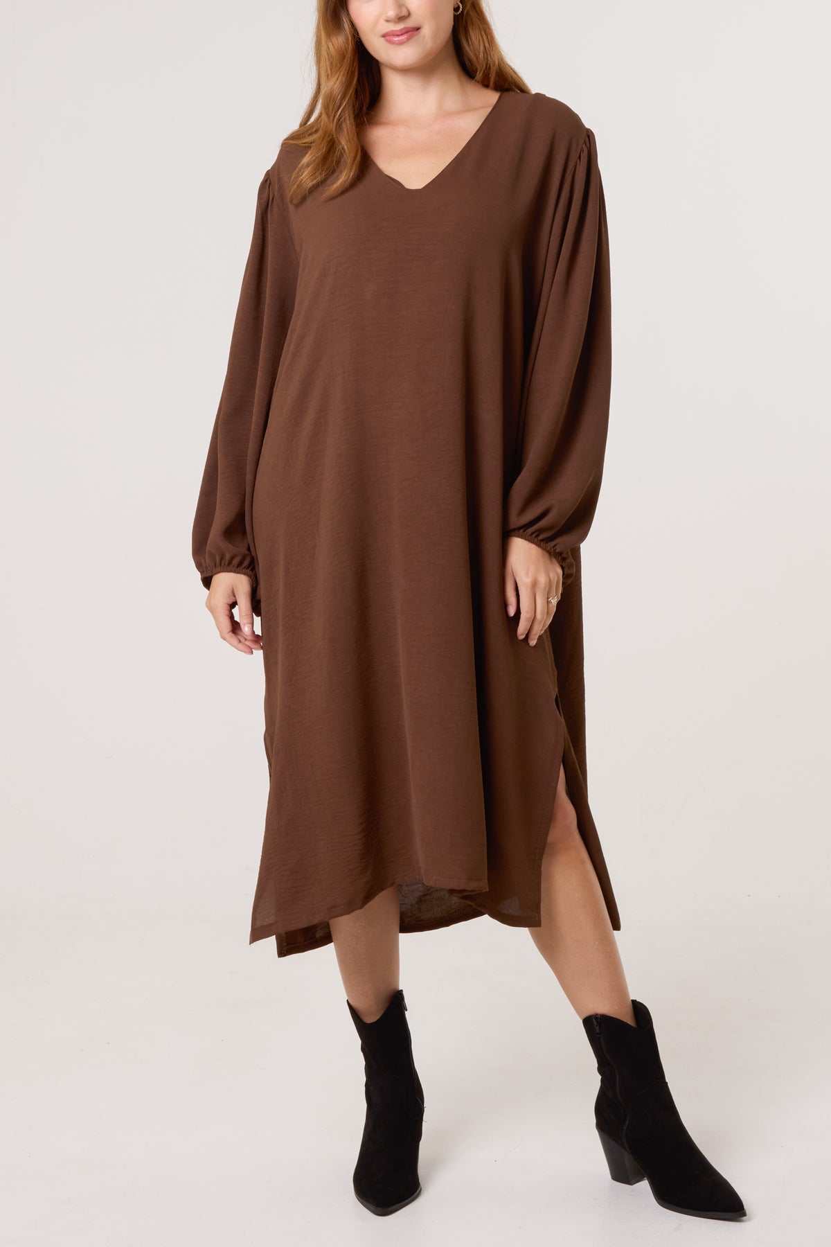 V-Neck Puffball Sleeve Midi Dress