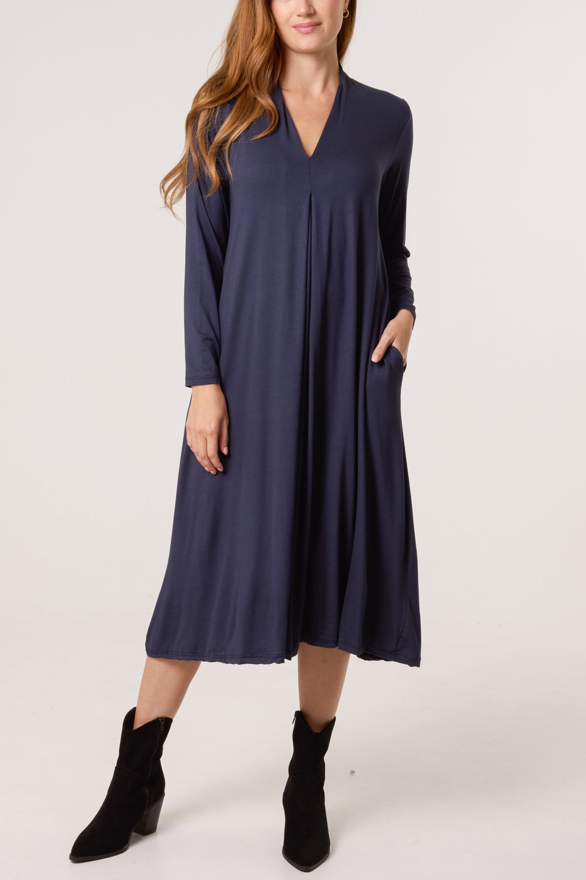 Jersey V-Neck Long Sleeve Midi Dress