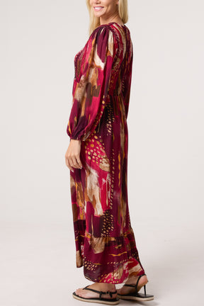 Multi Print Shirred Bust Midi Dress