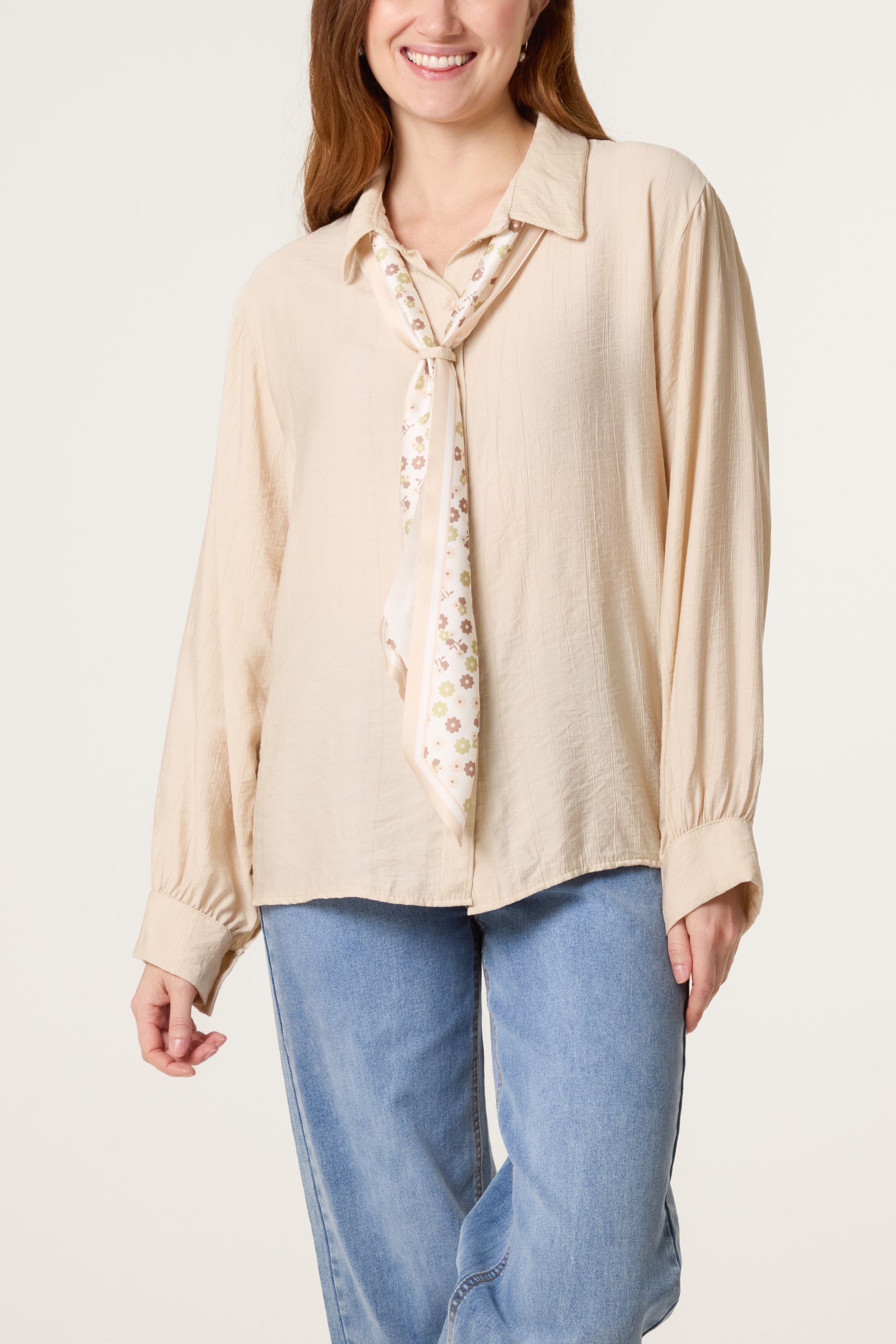 Floral Scarf Neck Crinkle Shirt