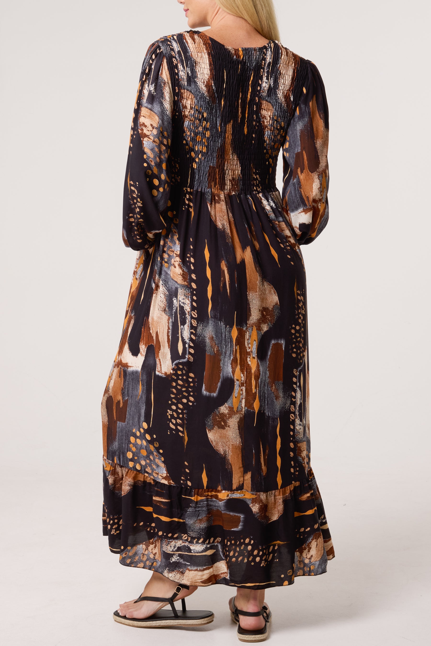 Multi Print Shirred Bust Midi Dress