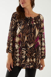 Tribal Print Bardot Tie Blouse