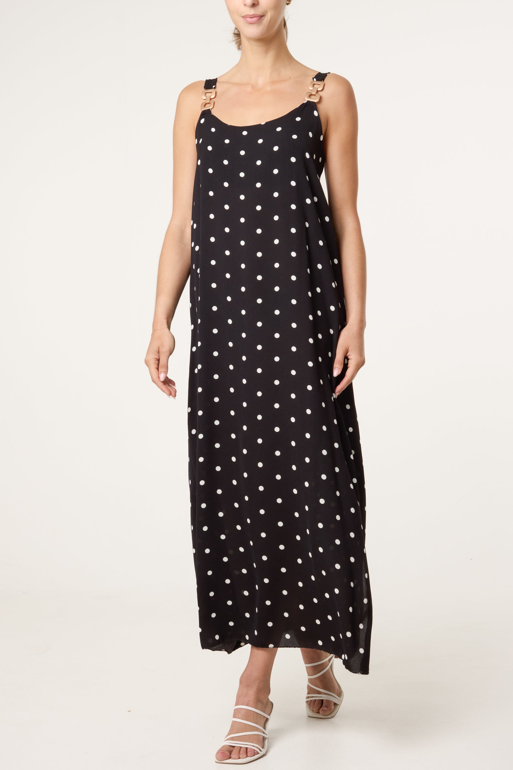 Side Split Gold Chain Strap Polka Dot Dress