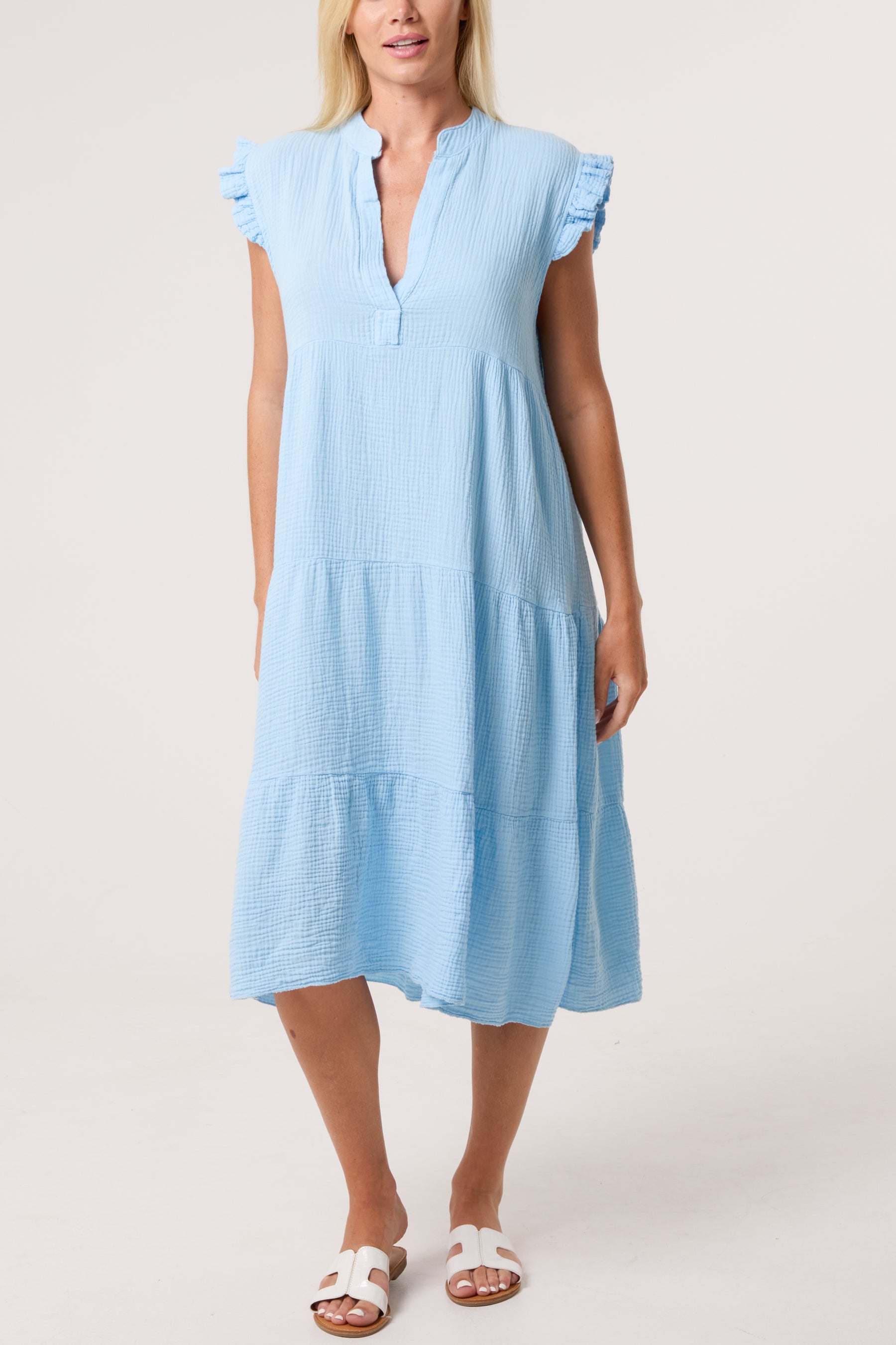 Cotton Frill Sleeved Midi Dress