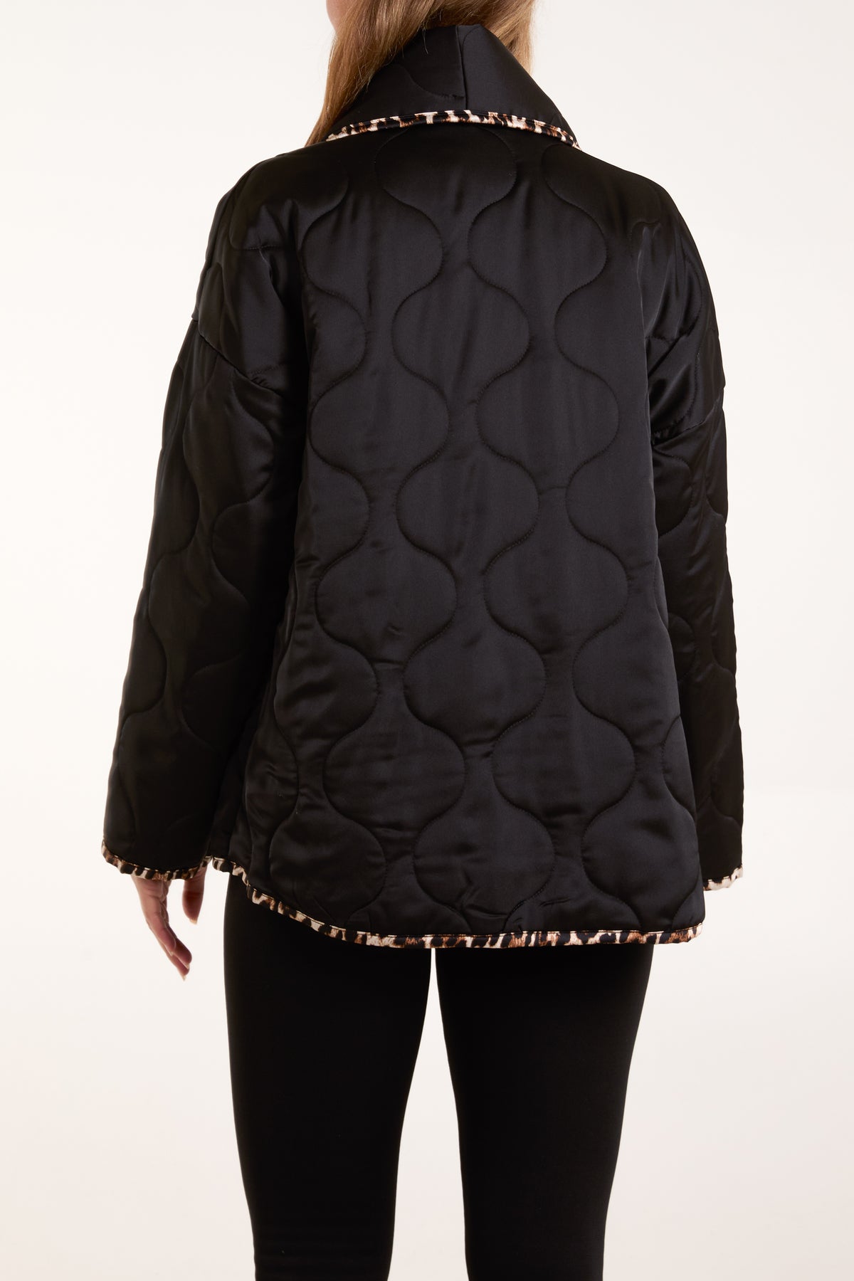 Leopard Binding Satin Quilted Jacket