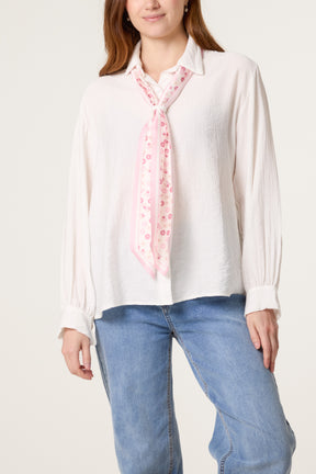 Floral Scarf Neck Crinkle Shirt
