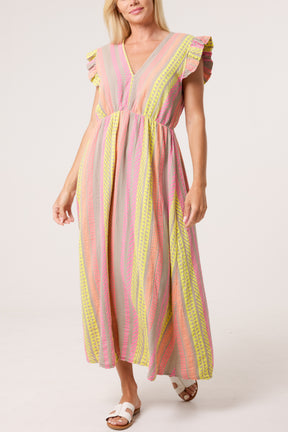 Aztec Print Frill Sleeve Cotton Dress
