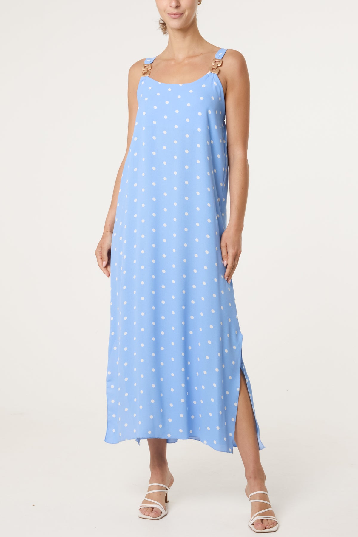 Side Split Gold Chain Strap Polka Dot Dress