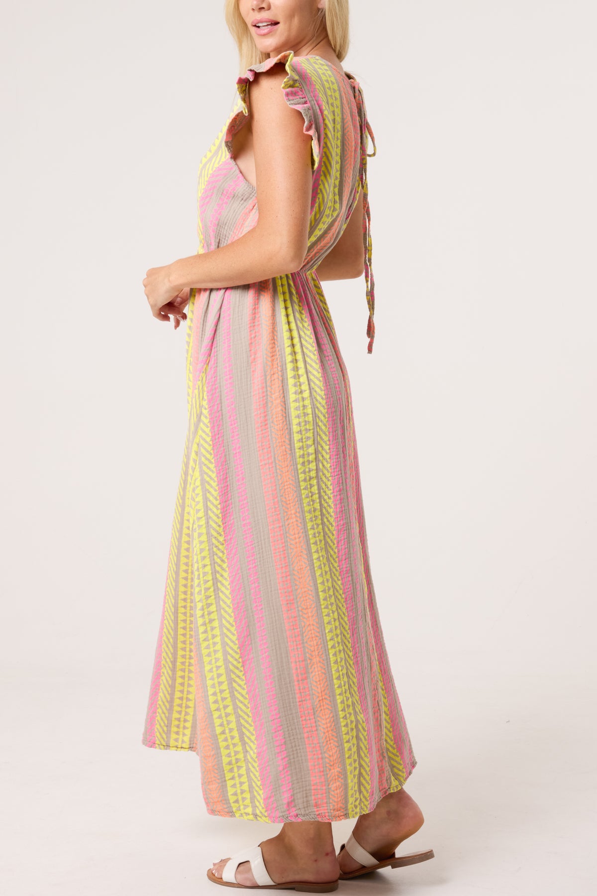 Aztec Print Frill Sleeve Cotton Dress