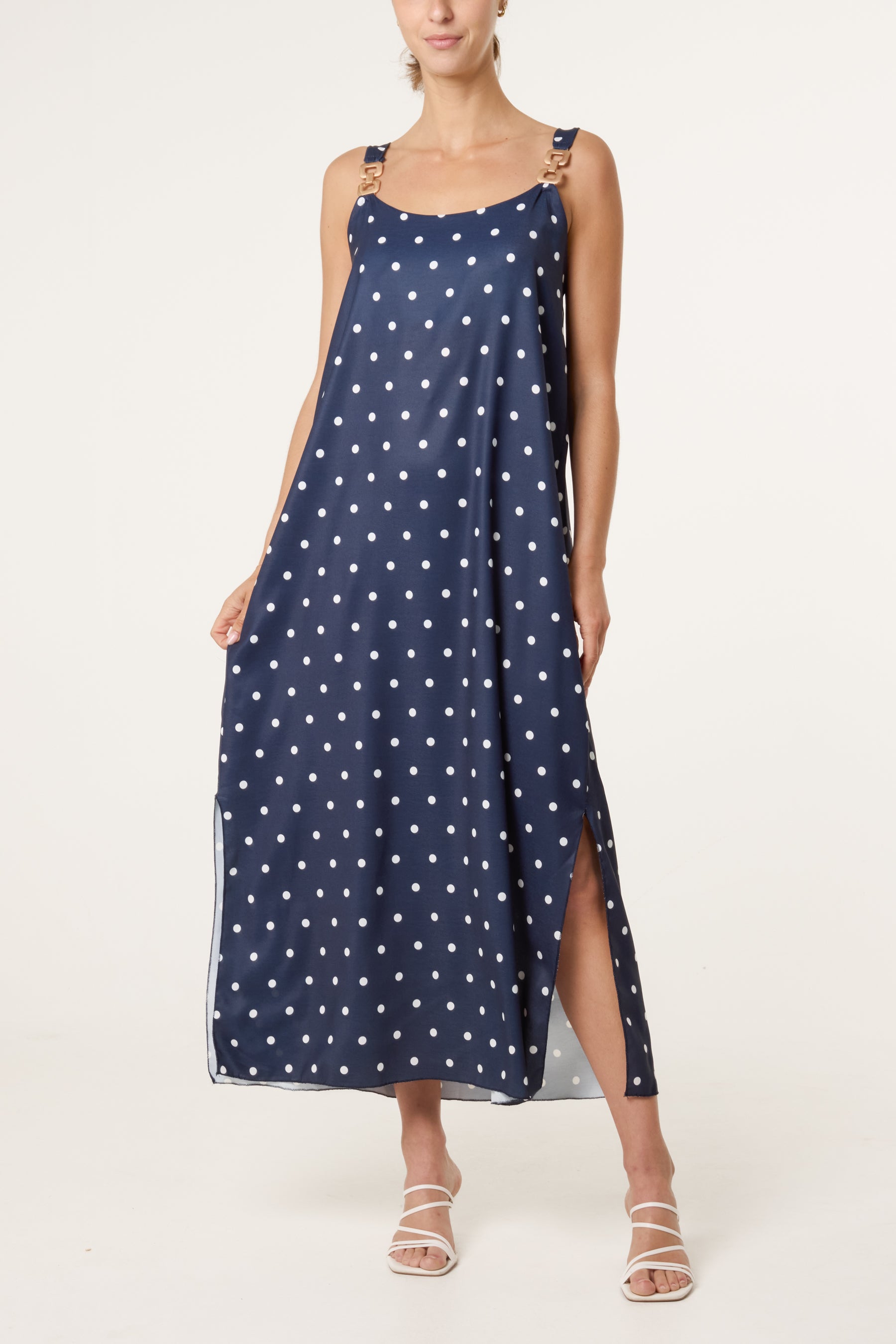 Side Split Gold Chain Strap Polka Dot Dress