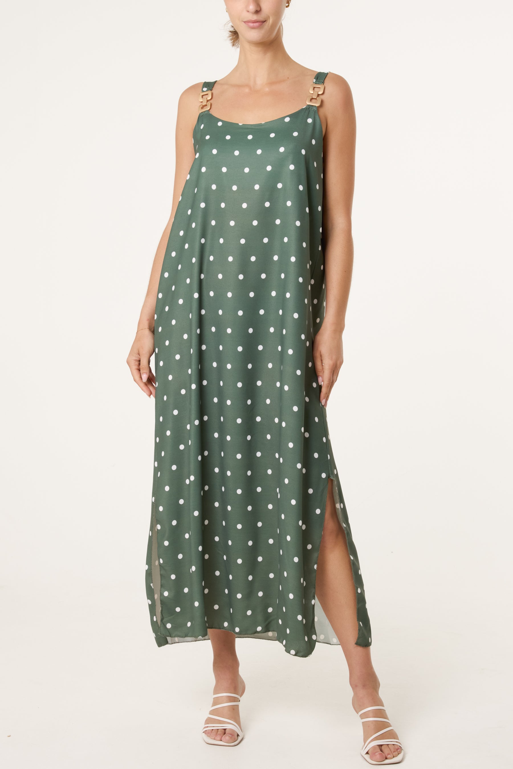 Side Split Gold Chain Strap Polka Dot Dress