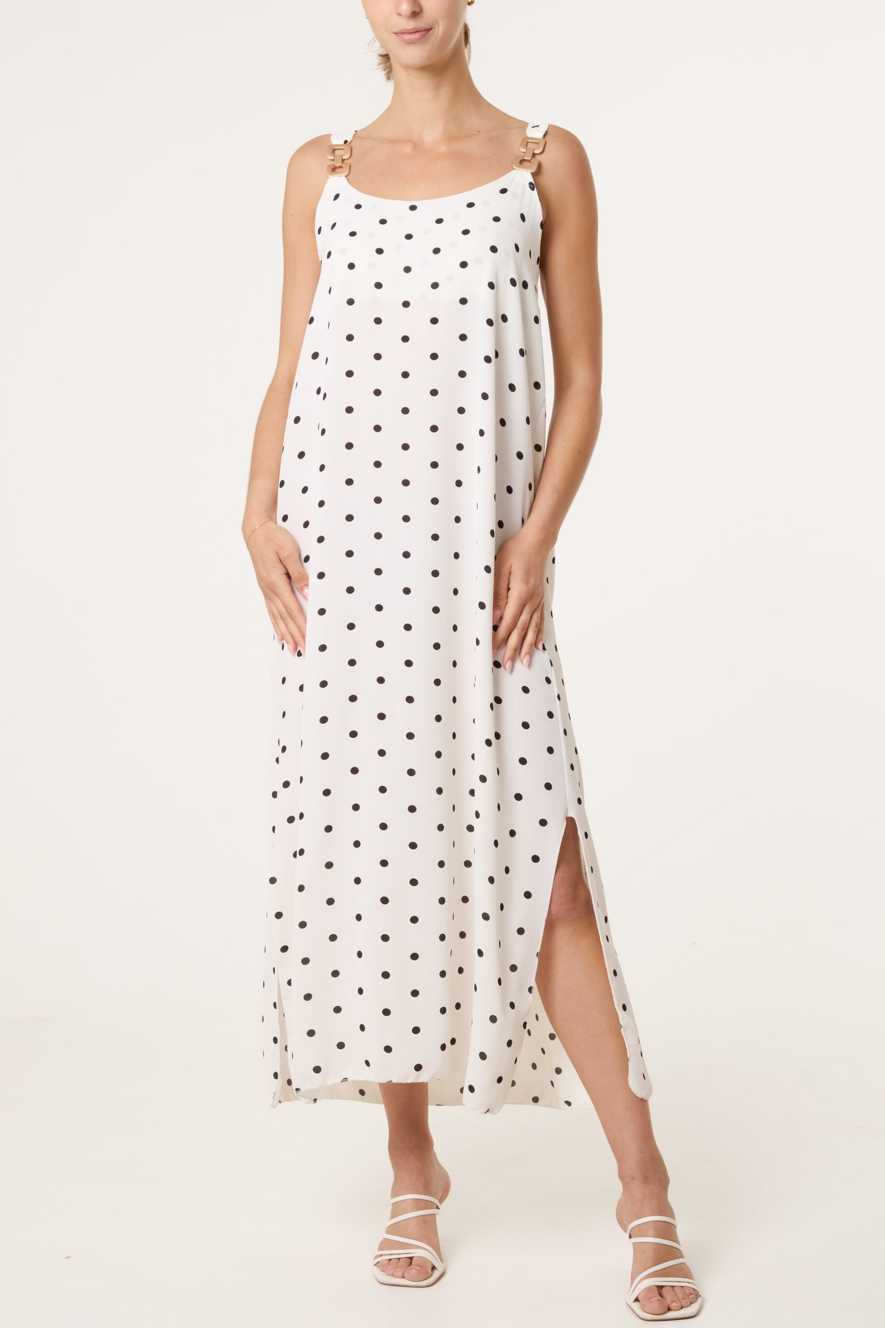 Side Split Gold Chain Strap Polka Dot Dress