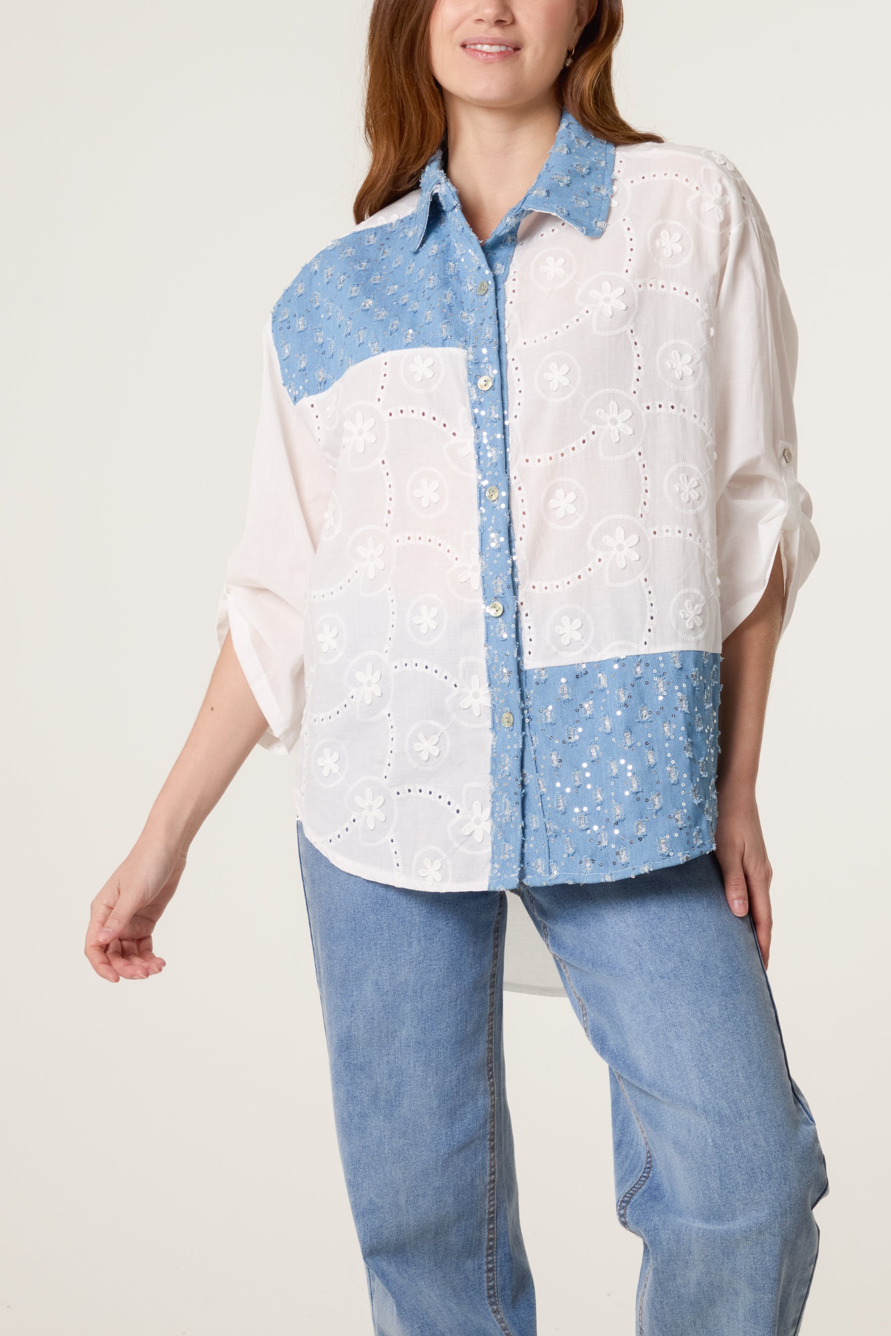 Denim Patchwork Broderie Anglaise Shirt