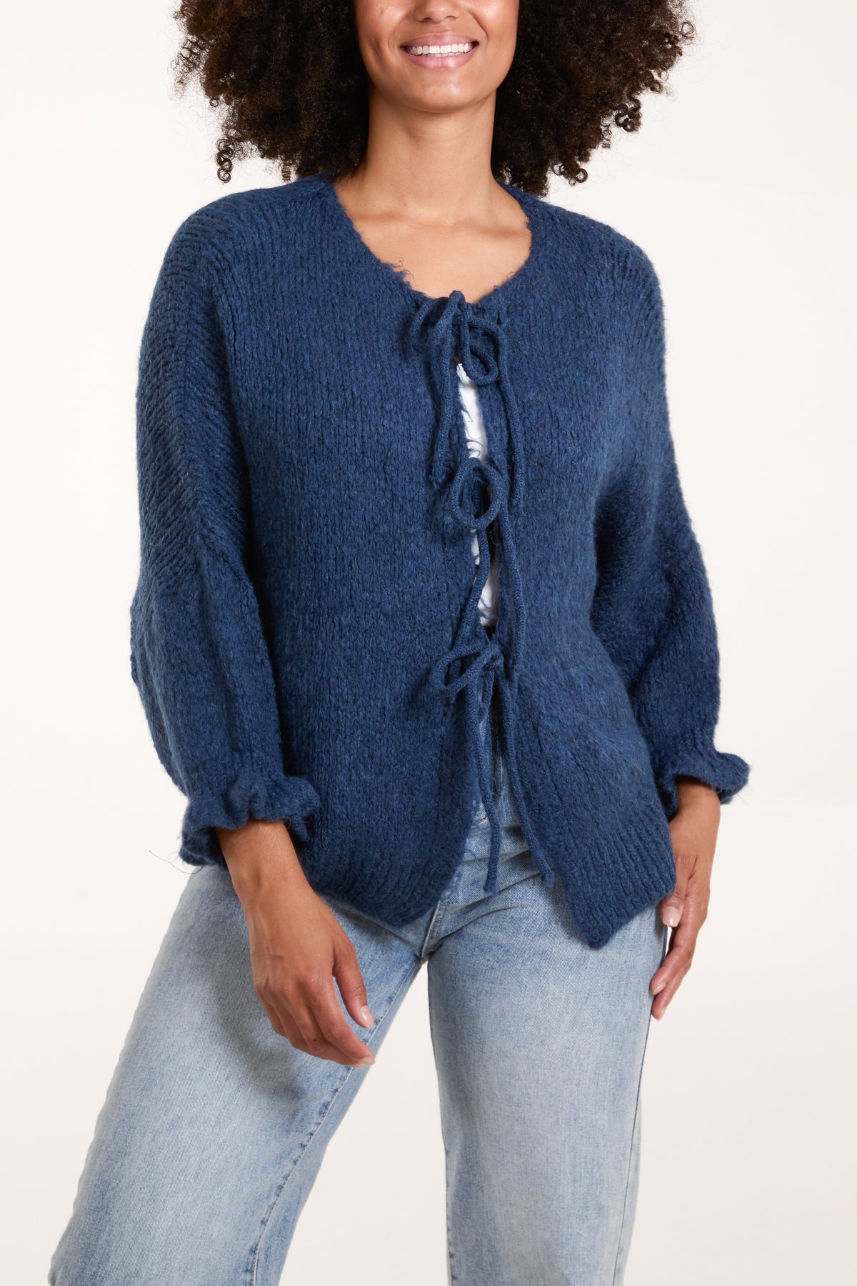 Triple Tie Front Frill Sleeve Cardigan