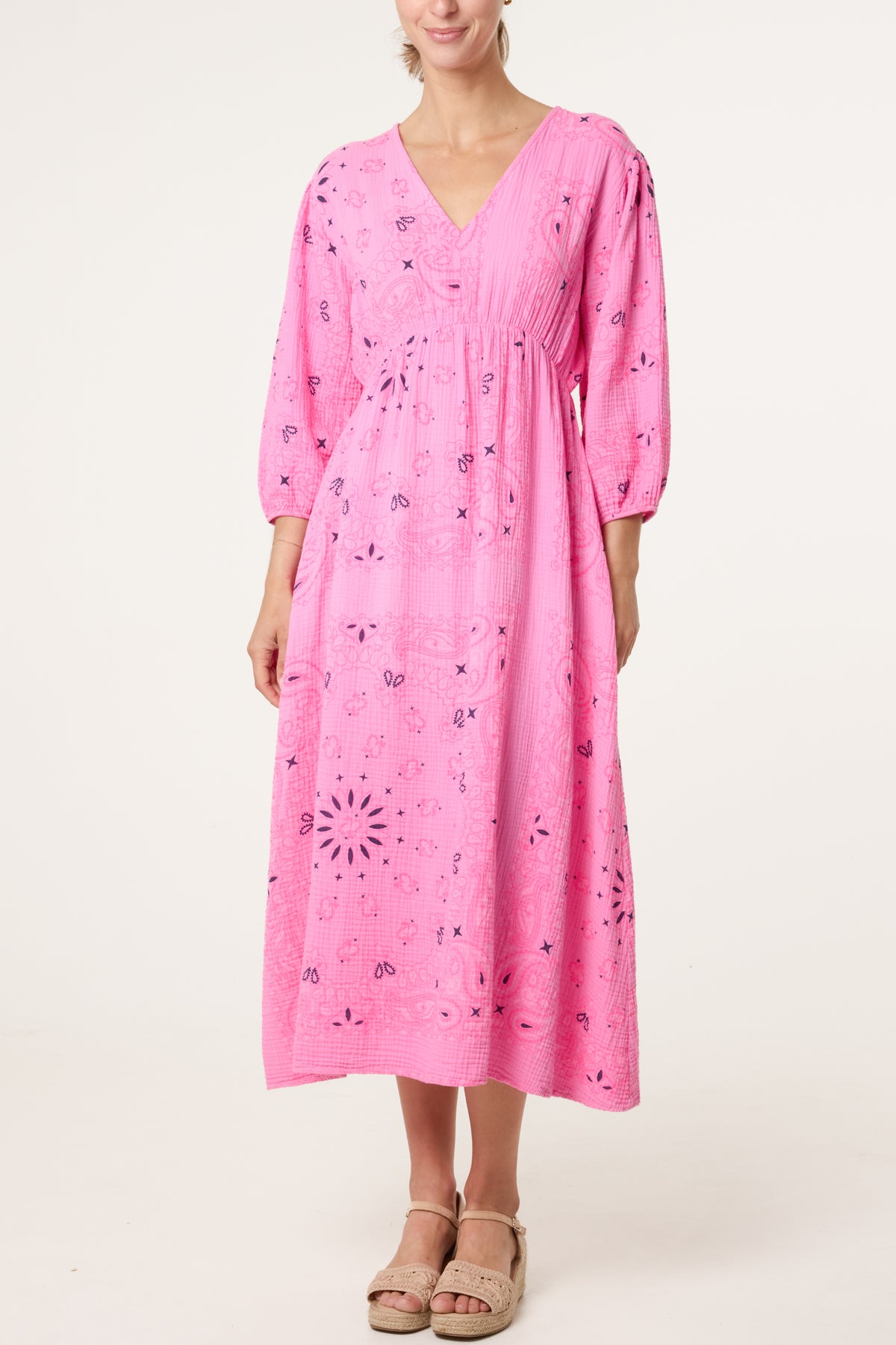 V-Neck Puff Long Sleeve Bandana Dress