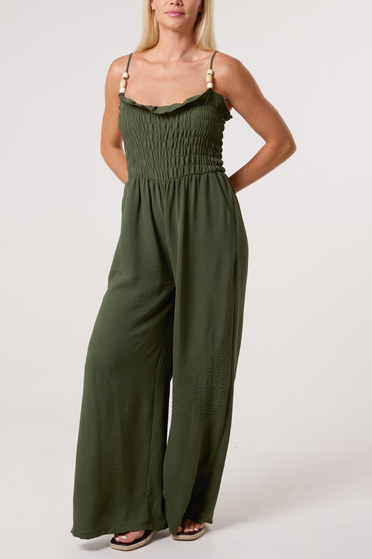 Shirred Bodice Beaded Strap Jumpsuit