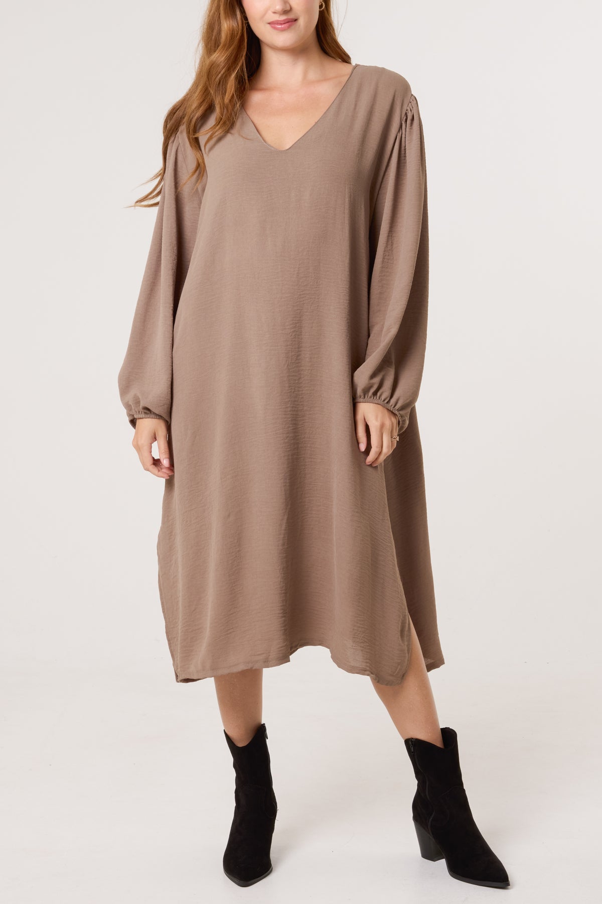V-Neck Puffball Sleeve Midi Dress