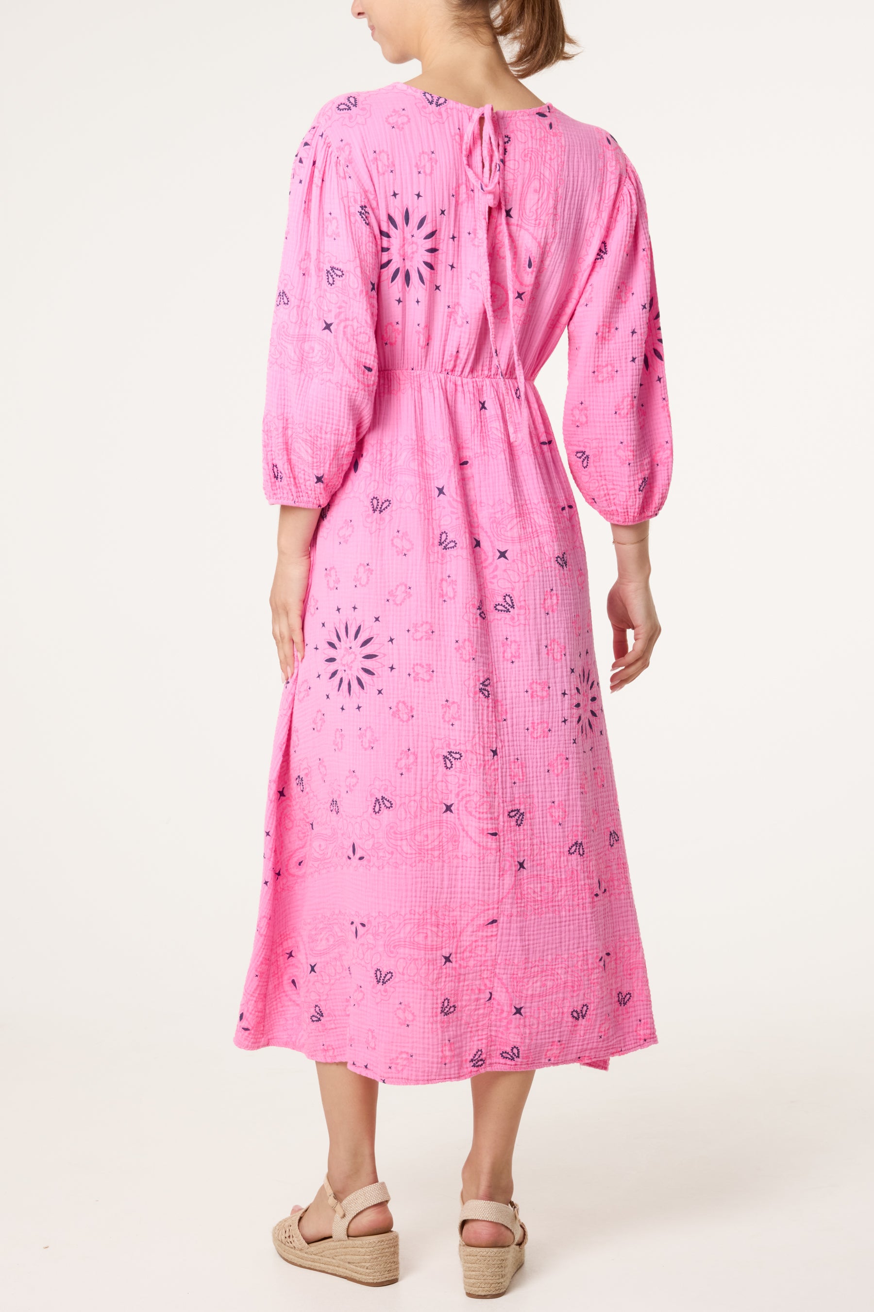 V-Neck Puff Long Sleeve Bandana Dress